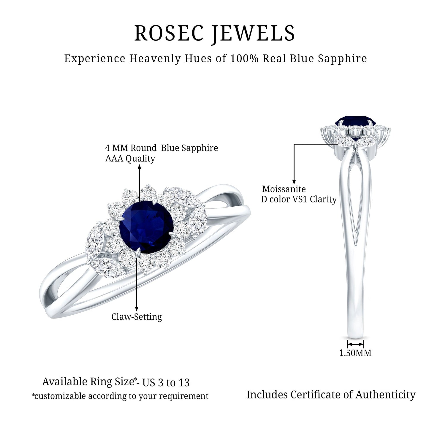 Split Shank Blue Sapphire Flower Engagement Ring with Moissanite