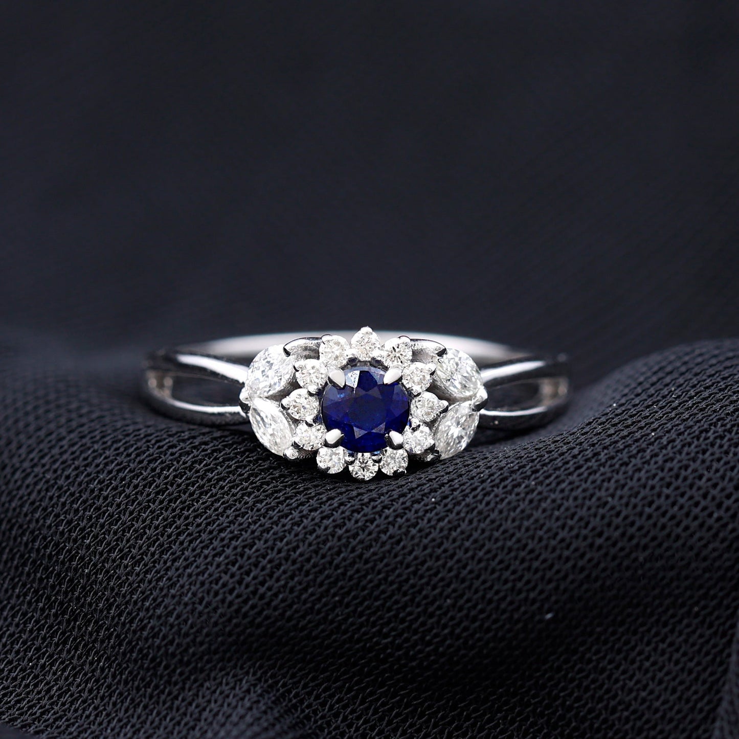Split Shank Blue Sapphire Flower Engagement Ring with Moissanite