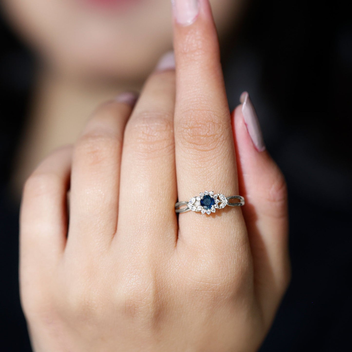 Split Shank Blue Sapphire Flower Engagement Ring with Moissanite