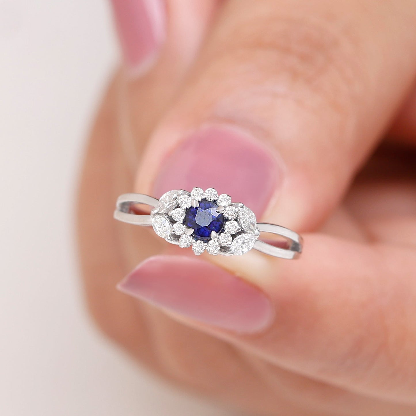 Split Shank Blue Sapphire Flower Engagement Ring with Moissanite