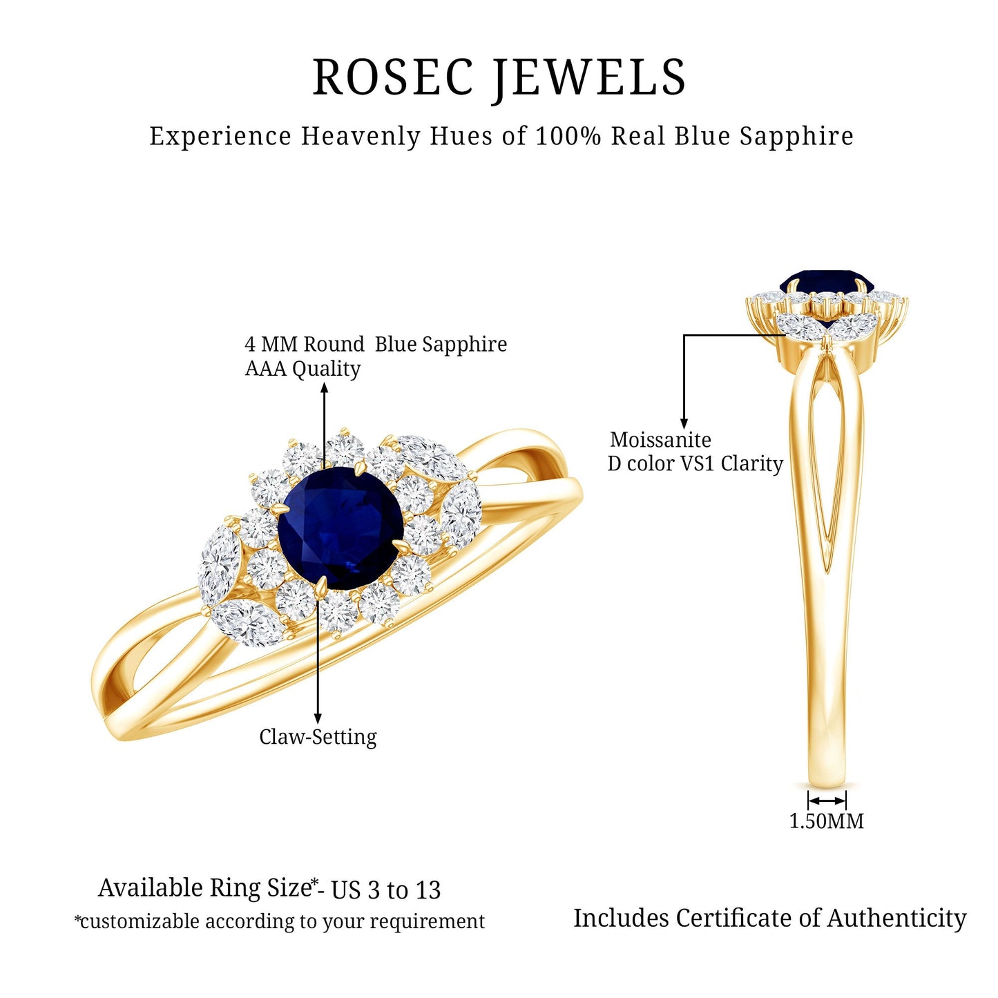 Split Shank Blue Sapphire Flower Engagement Ring with Moissanite