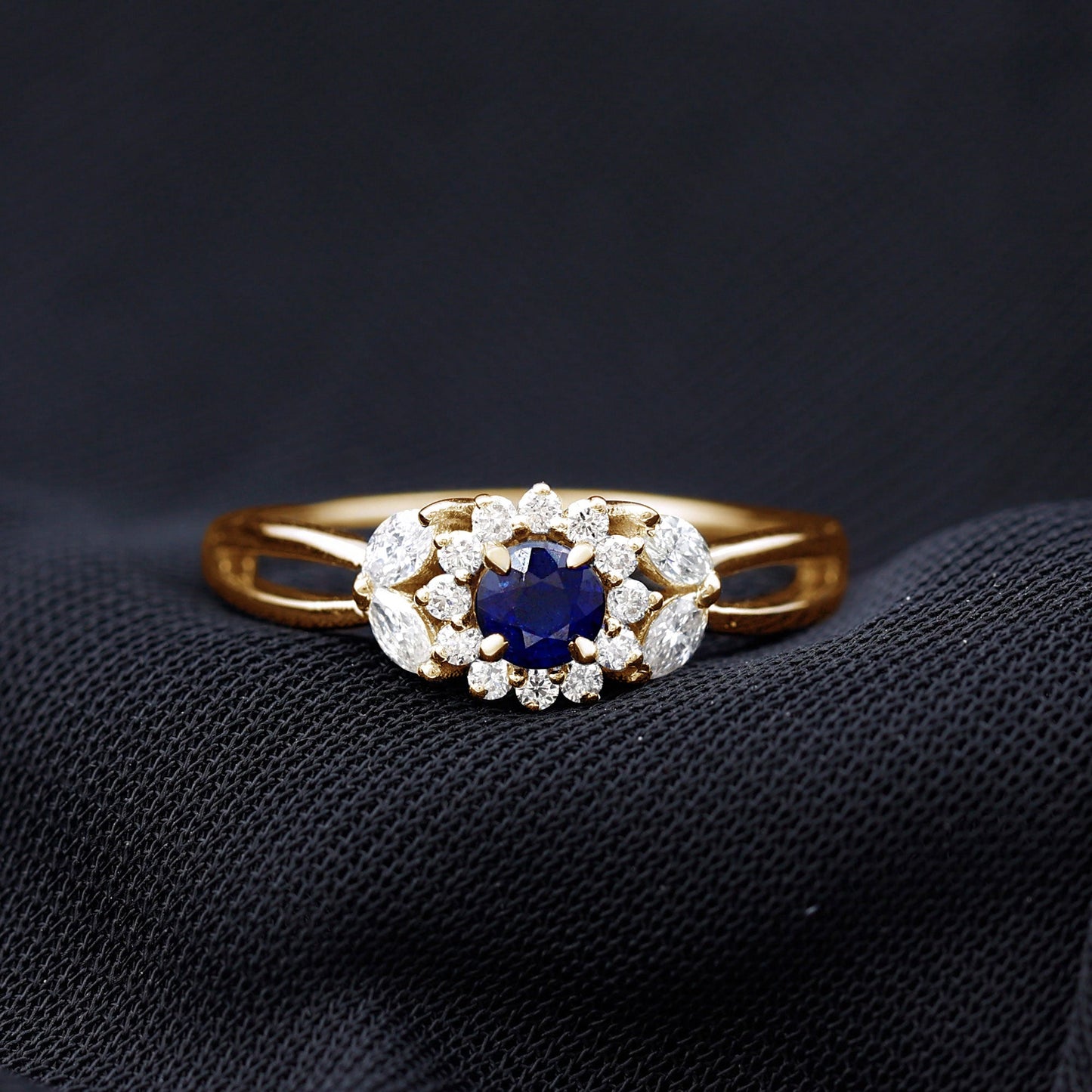 Split Shank Blue Sapphire Flower Engagement Ring with Moissanite