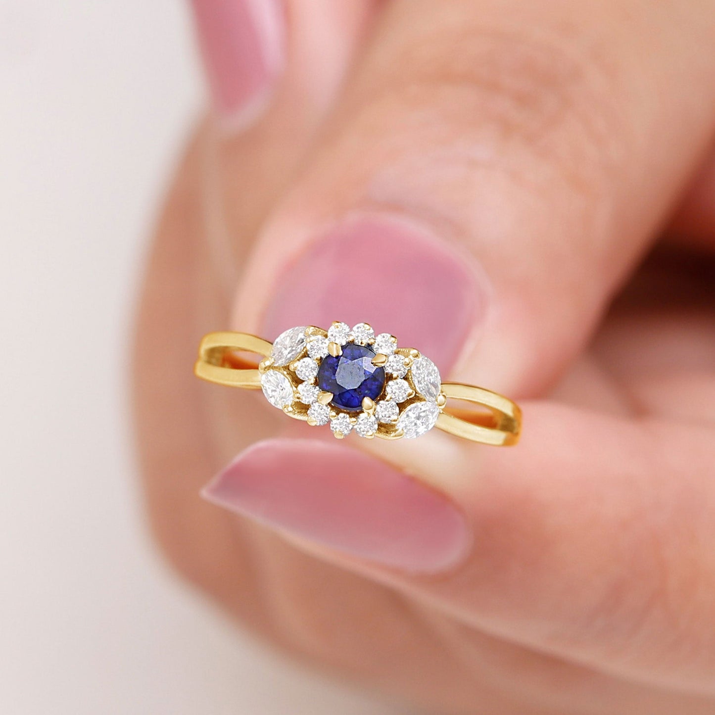 Split Shank Blue Sapphire Flower Engagement Ring with Moissanite