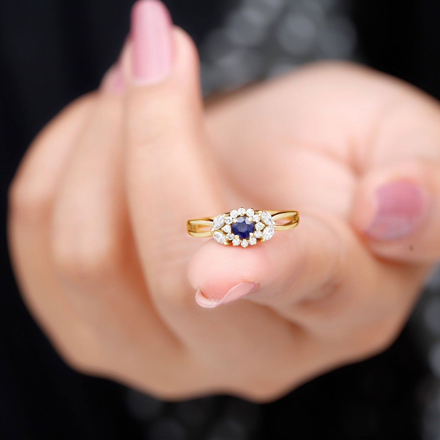 Split Shank Blue Sapphire Flower Engagement Ring with Moissanite