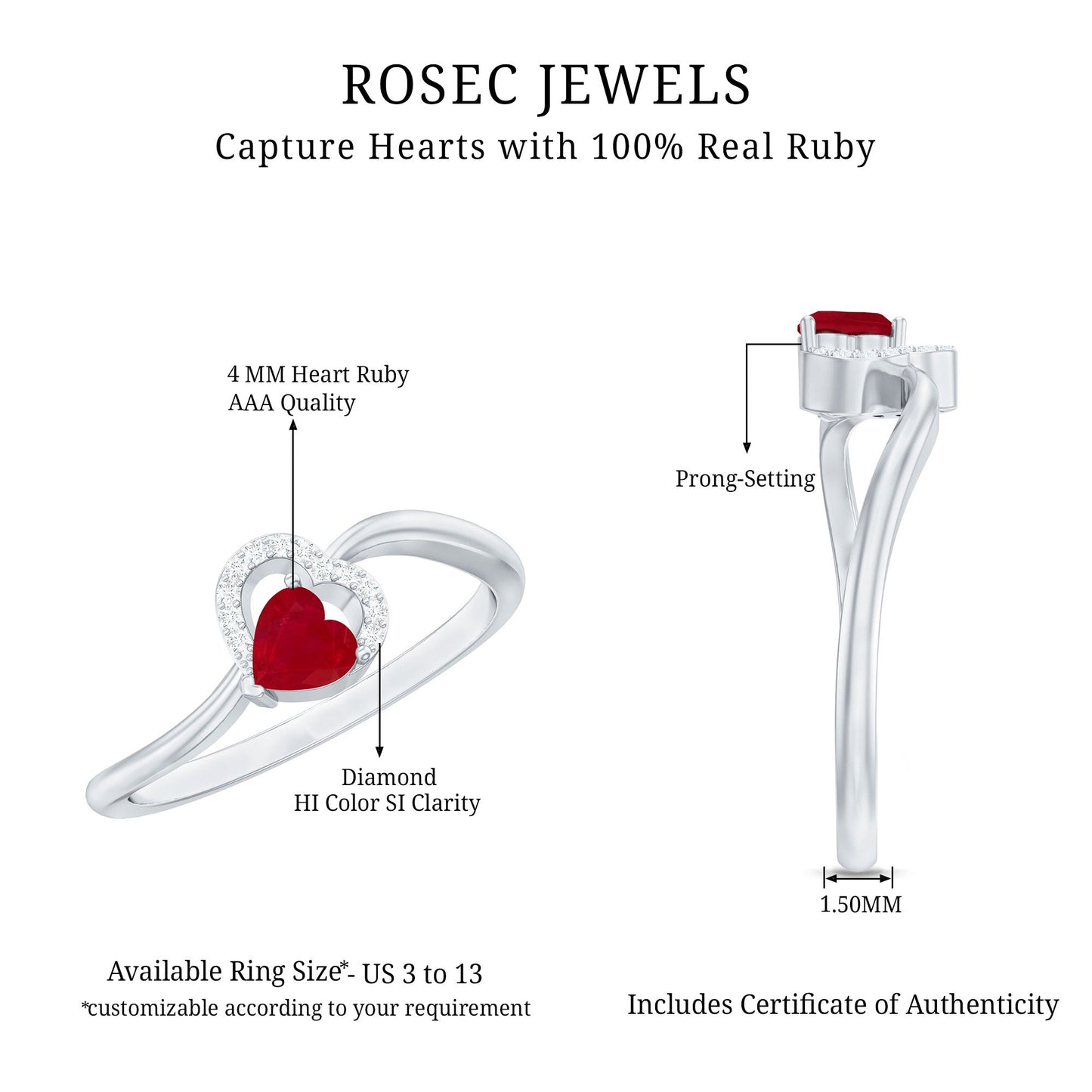 Natural Half Carat Ruby Heart Promise Ring with Diamond