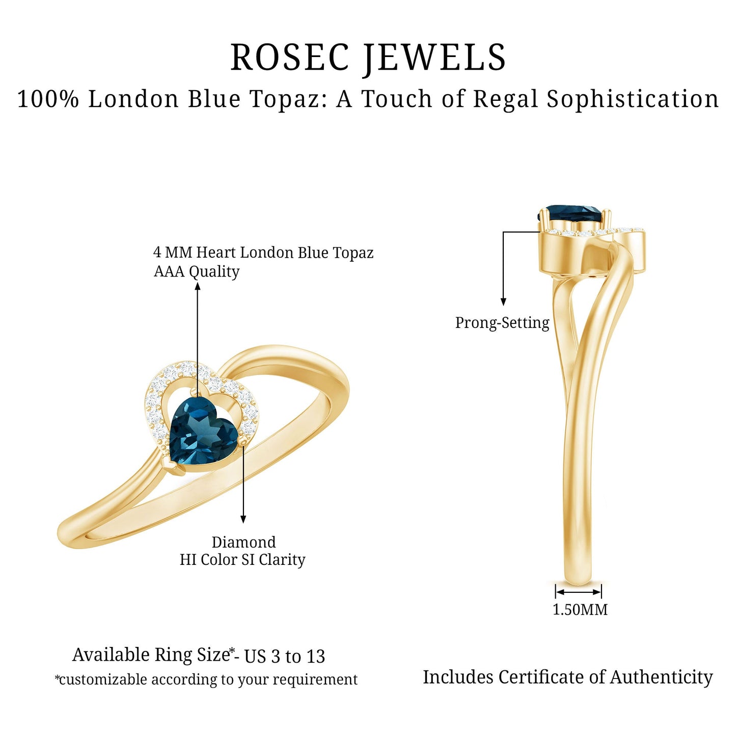 Natural London Blue Topaz Heart Promise Ring with Diamond