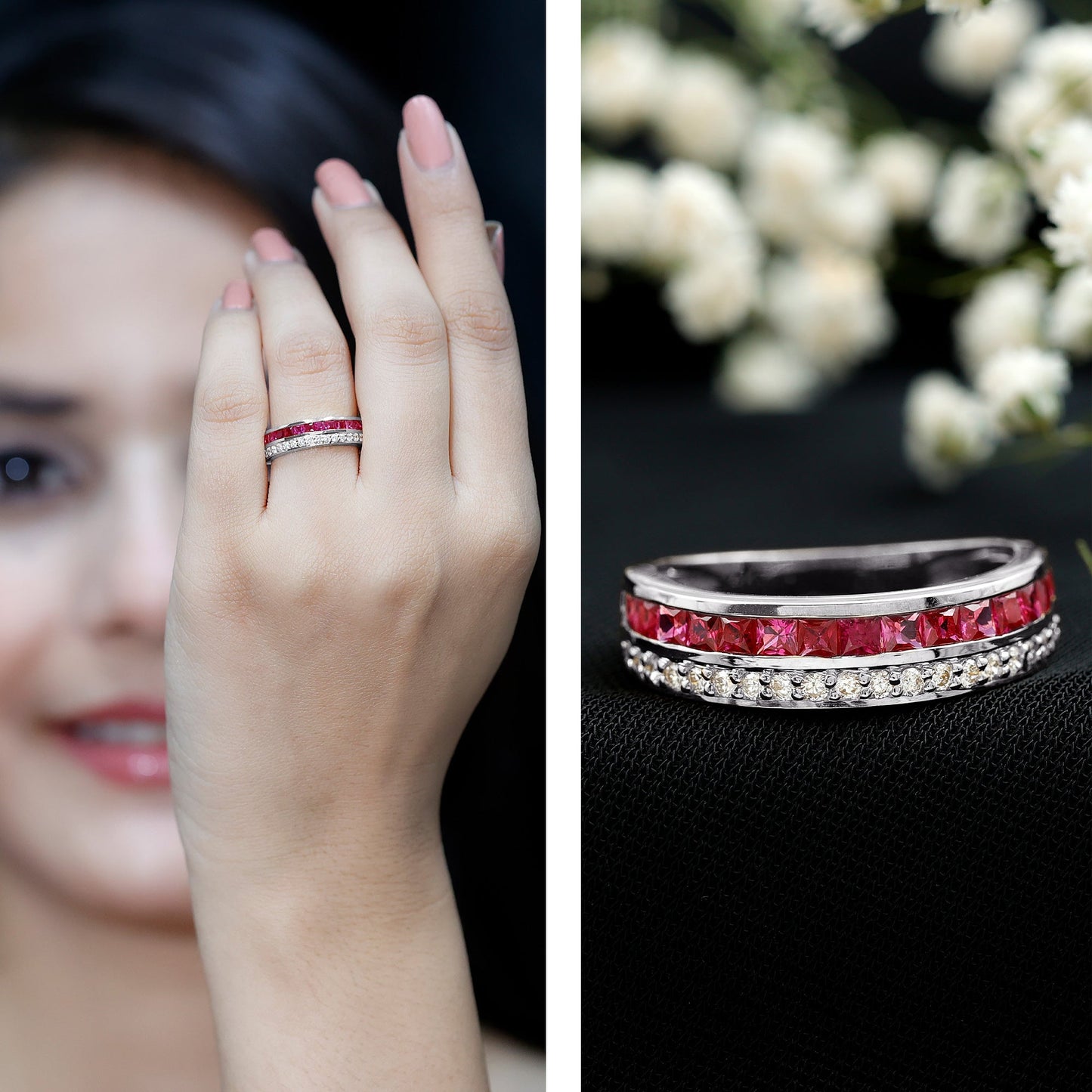 Natural 0.7 Carat Princess Cut Ruby Diamond Wedding Band Ring for Women