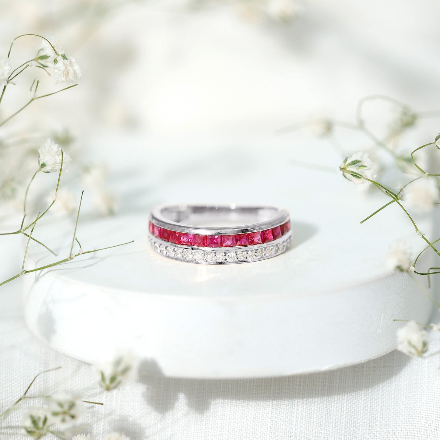 Natural 0.7 Carat Princess Cut Ruby Diamond Wedding Band Ring for Women