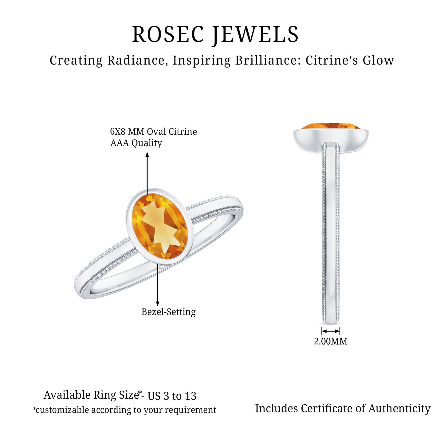 Natural 6X8mm Citrine Oval Engagement Ring in Bezel Setting