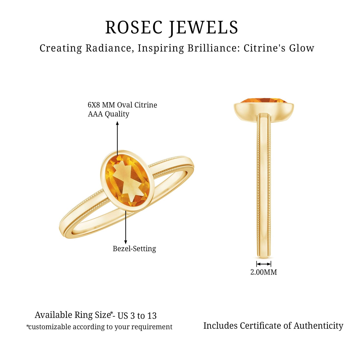Natural 6X8mm Citrine Oval Engagement Ring in Bezel Setting