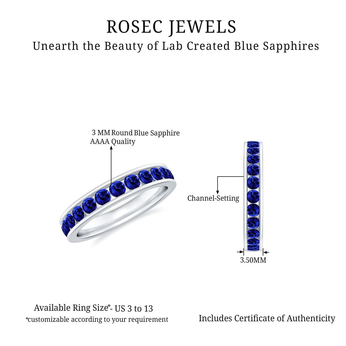 Certified Lab Grown Blue Sapphire Eternity Band Ring in Channel Set