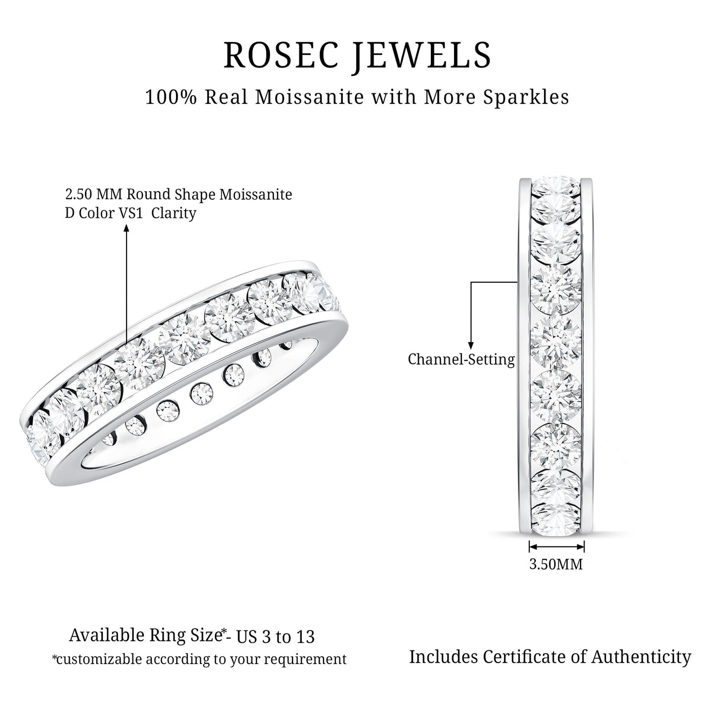Round Cut Moissanite Channel Set Eternity Ring for Women