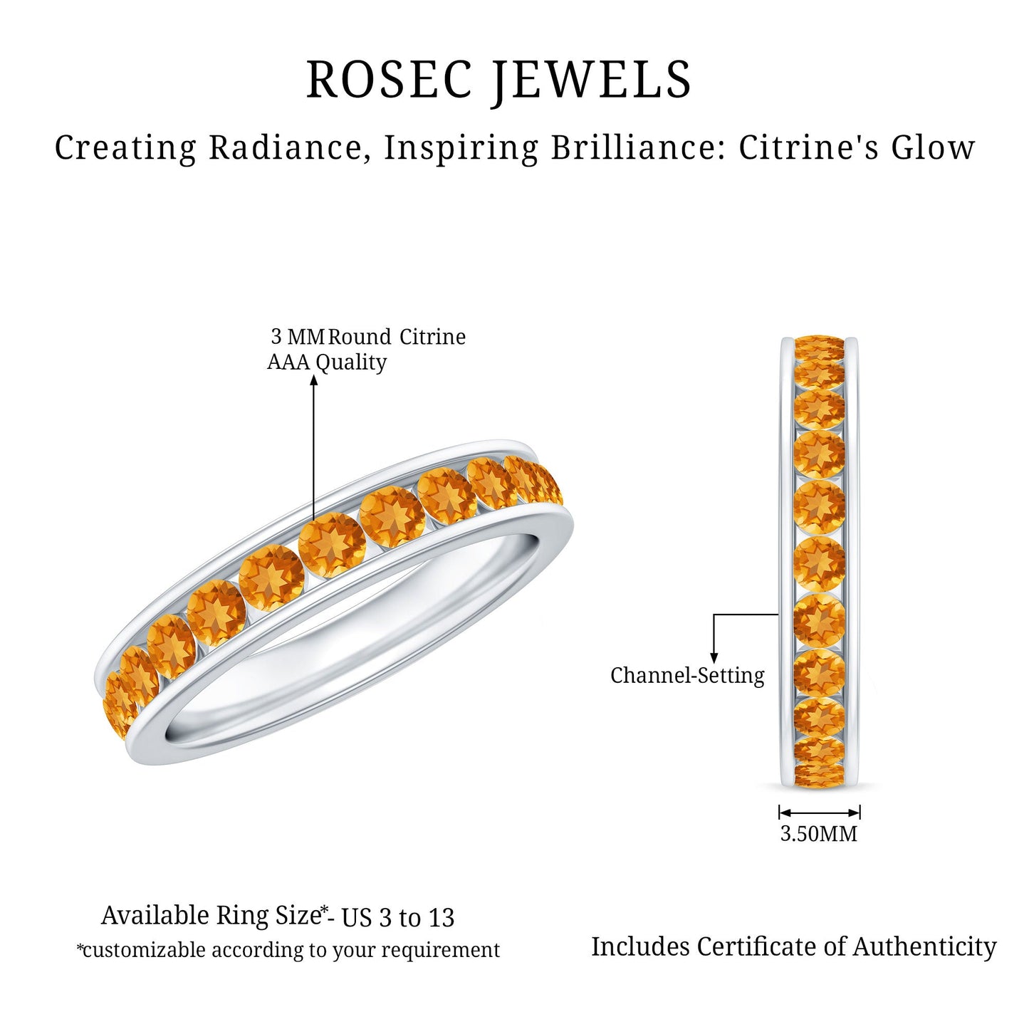 Natural Citrine Channel Set Eternity Ring for Anniversary
