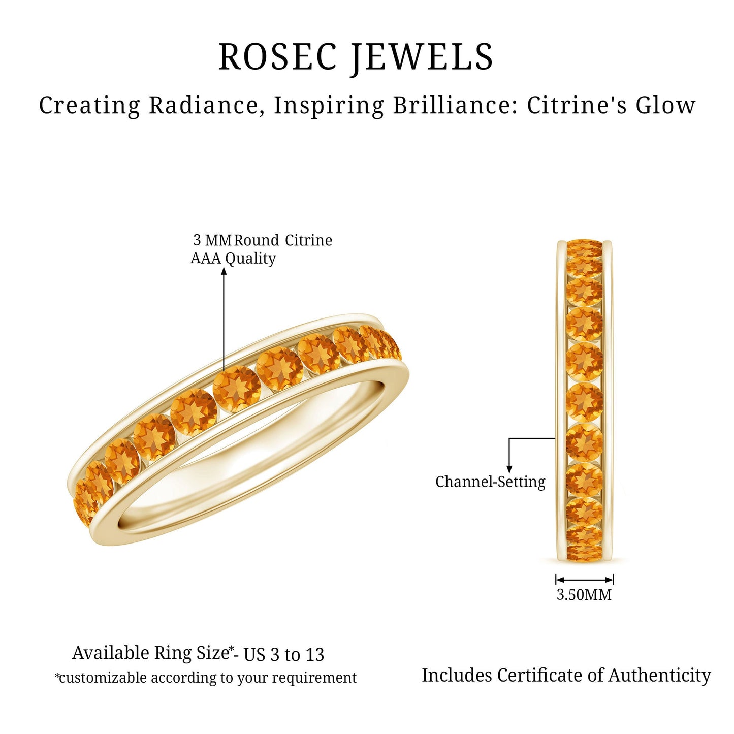 Natural Citrine Channel Set Eternity Ring for Anniversary