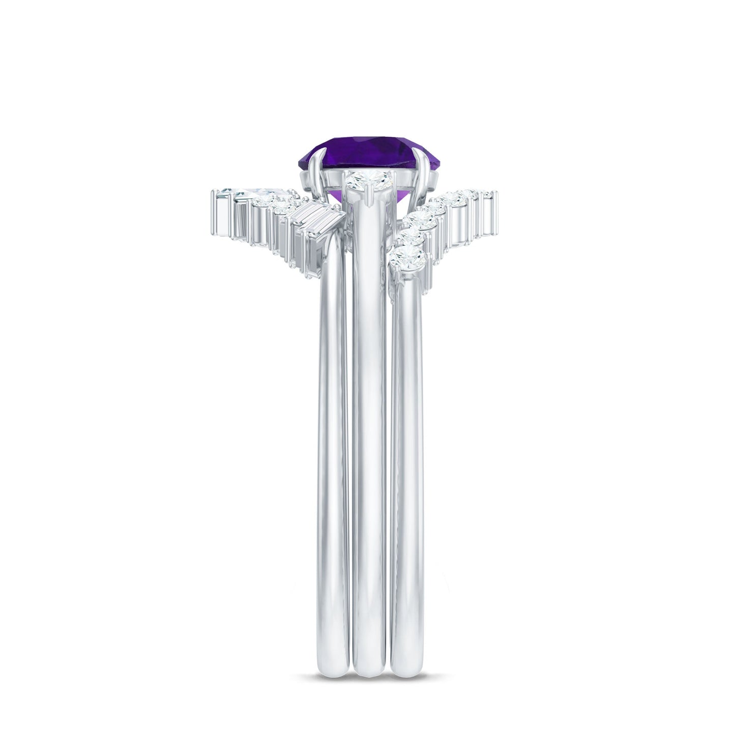 Real Amethyst Designer Trio Wedding Ring Set with Diamond