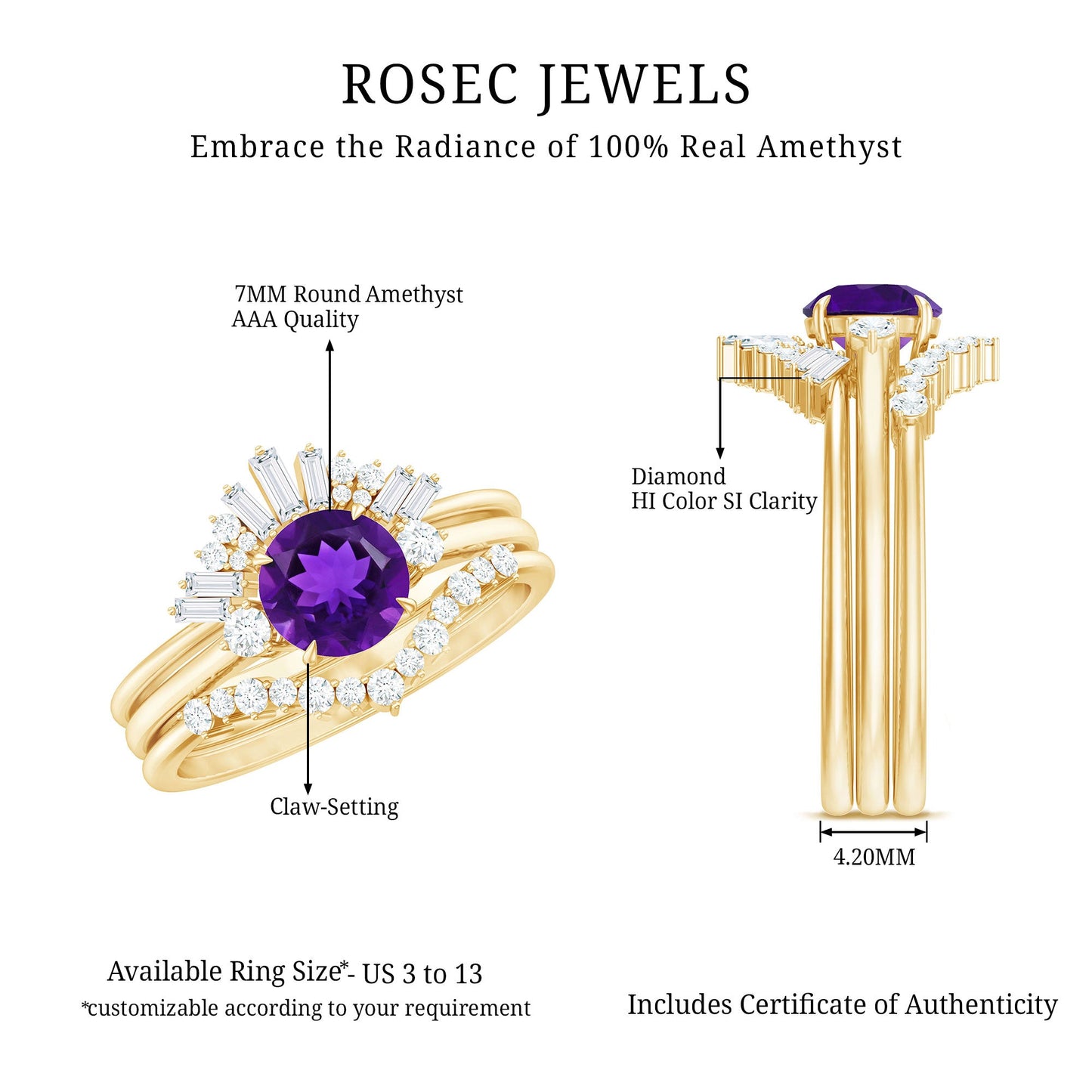 Real Amethyst Designer Trio Wedding Ring Set with Diamond