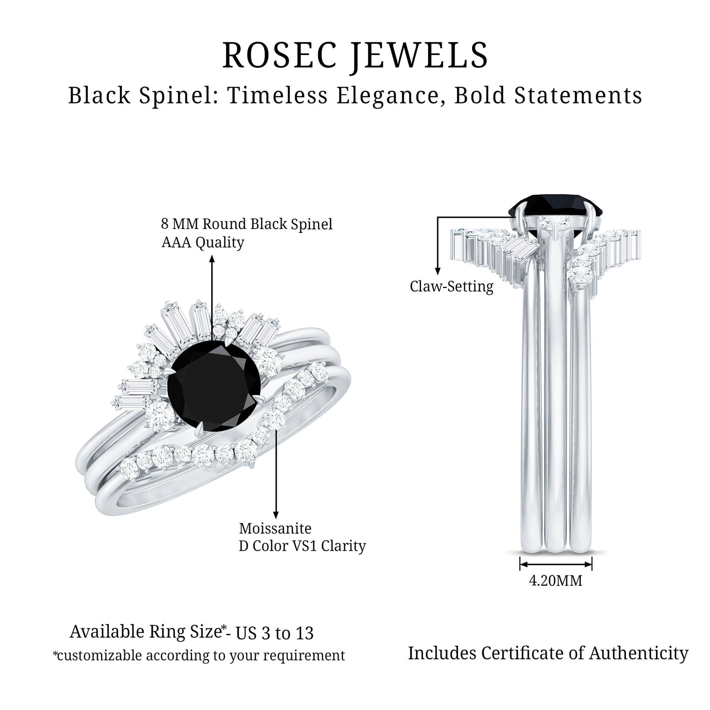 Vintage Looking Black Spinel 3 Piece Bridal Ring Set with Moissanite