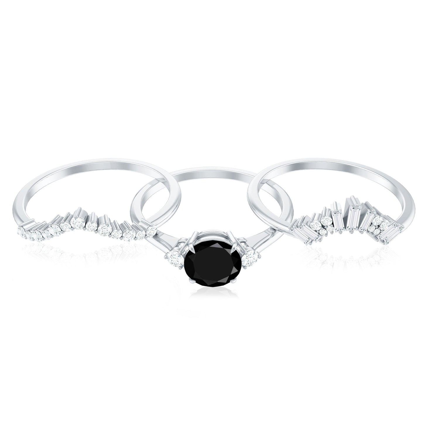 Vintage Looking Black Spinel 3 Piece Bridal Ring Set with Moissanite