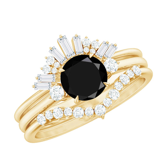 Vintage Looking Black Spinel 3 Piece Bridal Ring Set with Moissanite