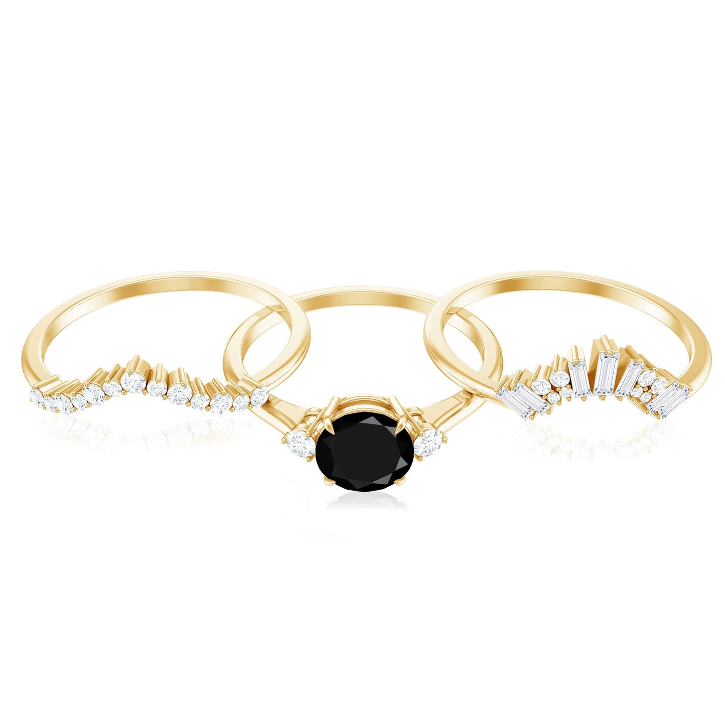 Vintage Looking Black Spinel 3 Piece Bridal Ring Set with Moissanite