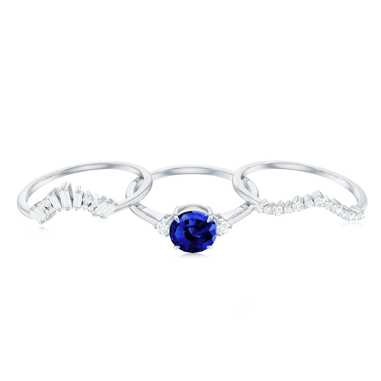 Certified Lab Grown Blue Sapphire 3 Piece Bridal Ring Set with Diamond