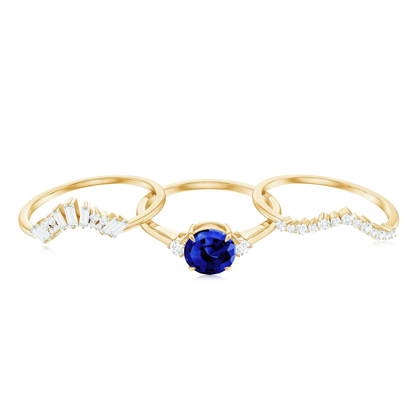 Certified Lab Grown Blue Sapphire 3 Piece Bridal Ring Set with Diamond