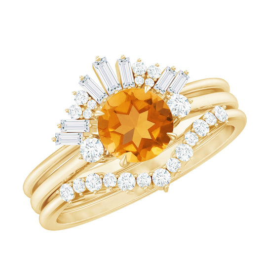 Designer Citrine 3 Piece Wedding Ring Set with Moissanite