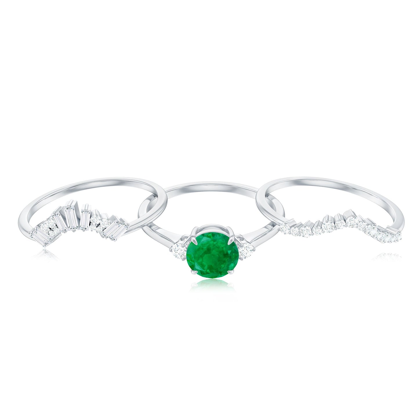 Vintage Inspired Emerald Diamond Wedding Bridal Ring Set of 3