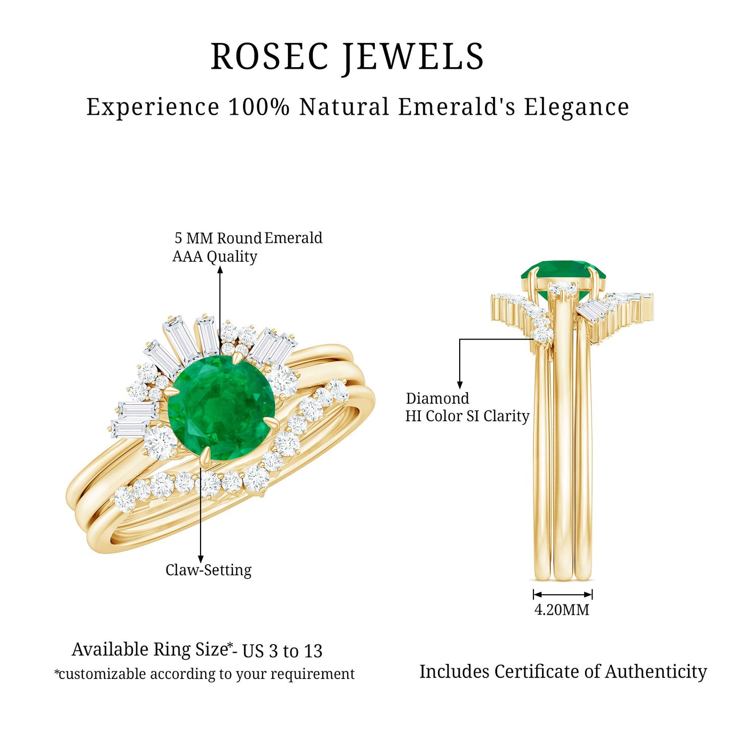 Vintage Inspired Emerald Diamond Wedding Bridal Ring Set of 3