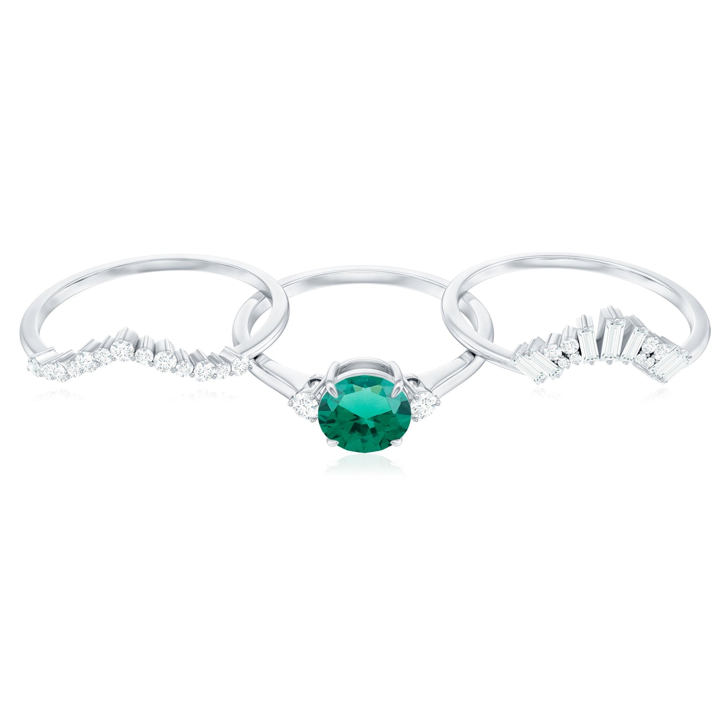 Vintage Inspired Lab Grown Emerald Diamond Wedding Bridal Ring Set of 3