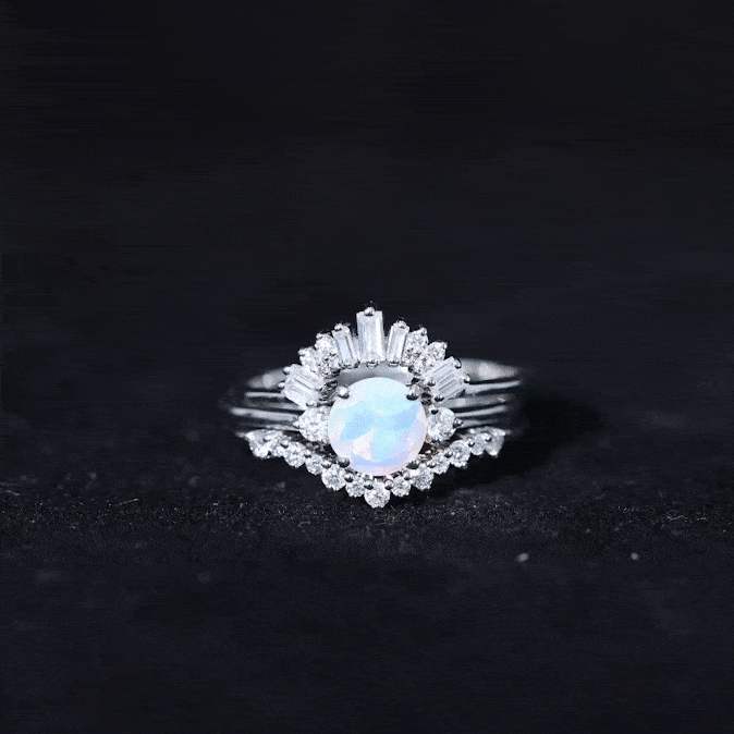 Natural Ethiopian Rainbow Opal Diamond Wedding Bridal Ring Set of 3