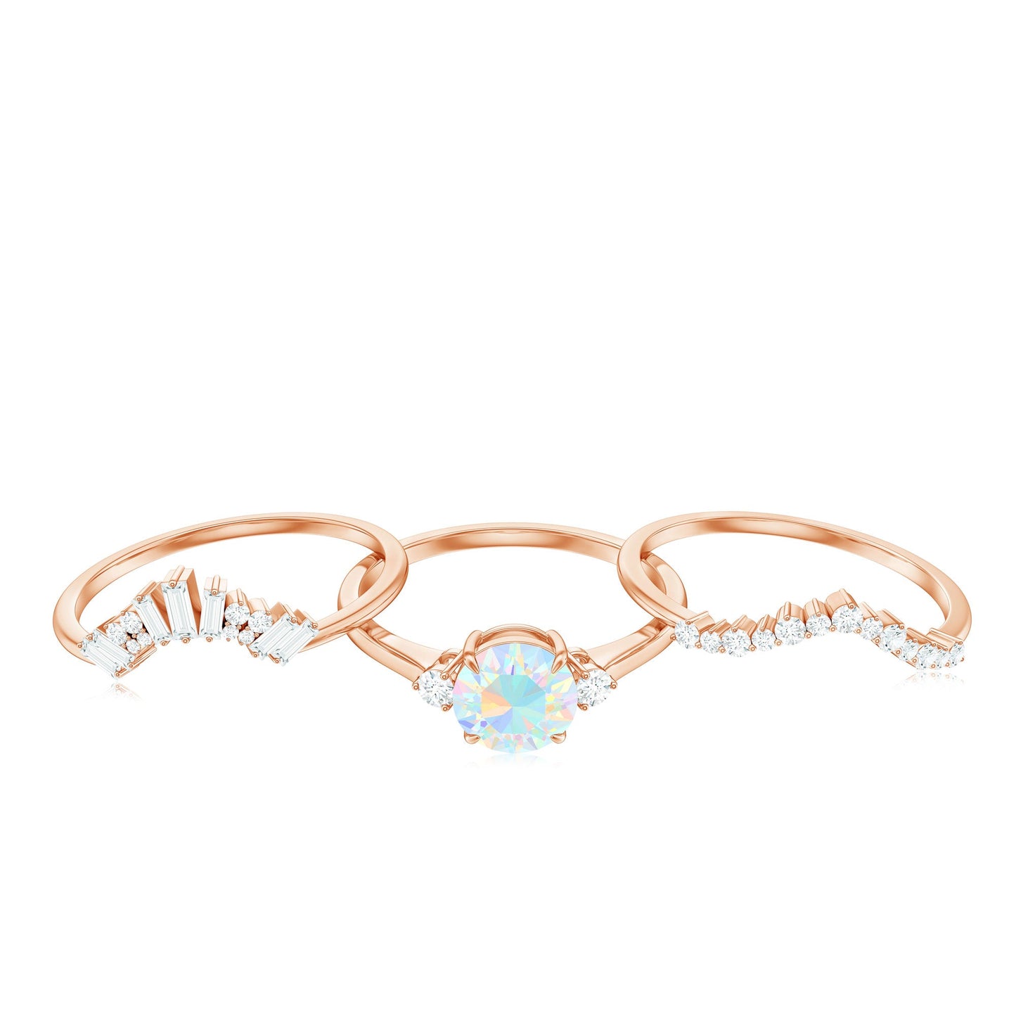 Natural Ethiopian Rainbow Opal Diamond Wedding Bridal Ring Set of 3