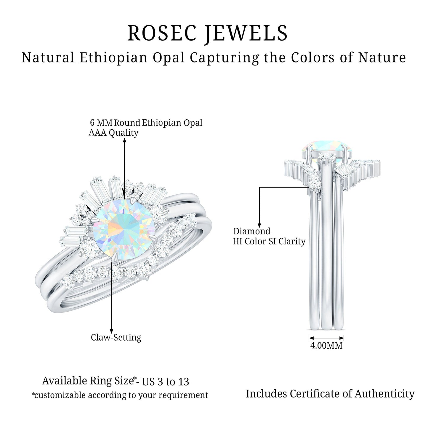 Natural Ethiopian Rainbow Opal Diamond Wedding Bridal Ring Set of 3