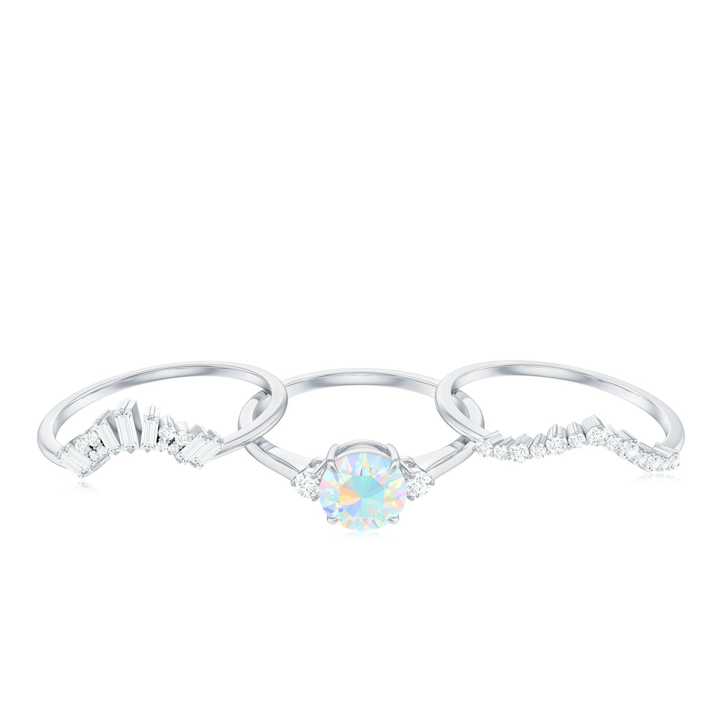 Natural Ethiopian Rainbow Opal Diamond Wedding Bridal Ring Set of 3