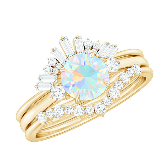Natural Ethiopian Rainbow Opal Diamond Wedding Bridal Ring Set of 3