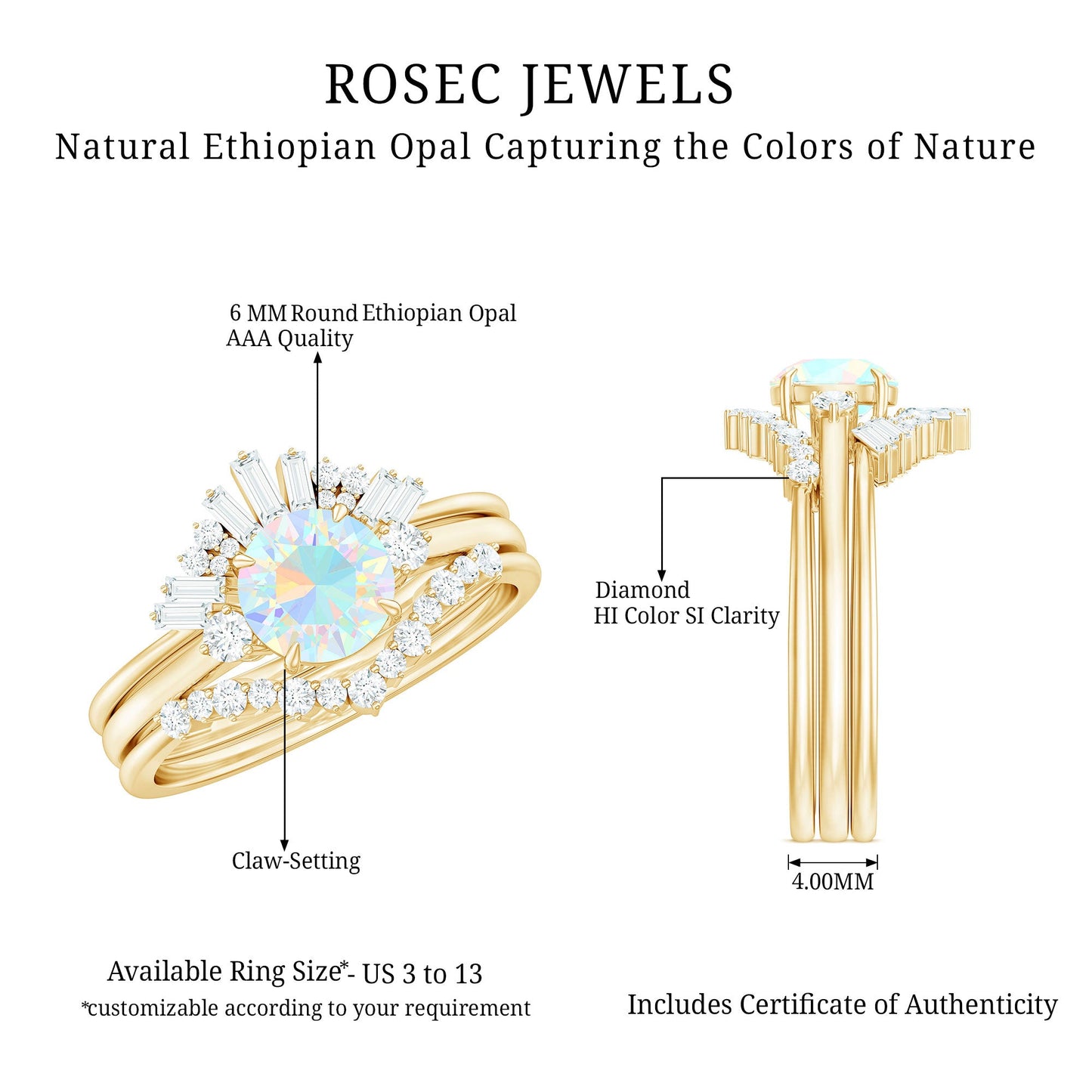 Natural Ethiopian Rainbow Opal Diamond Wedding Bridal Ring Set of 3