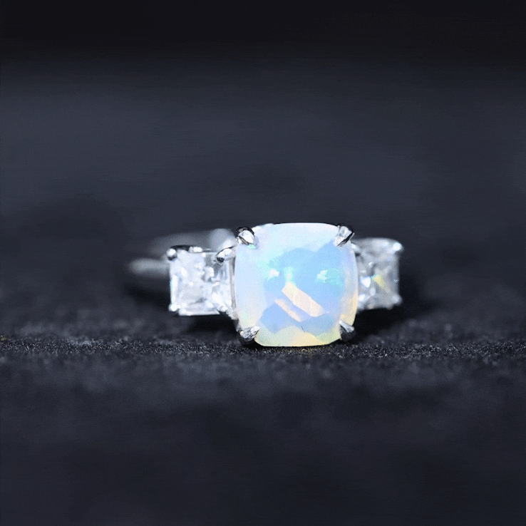 Genuine Cushion Cut Ethiopian Opal 3 Stone Engagement Ring with Moissanite