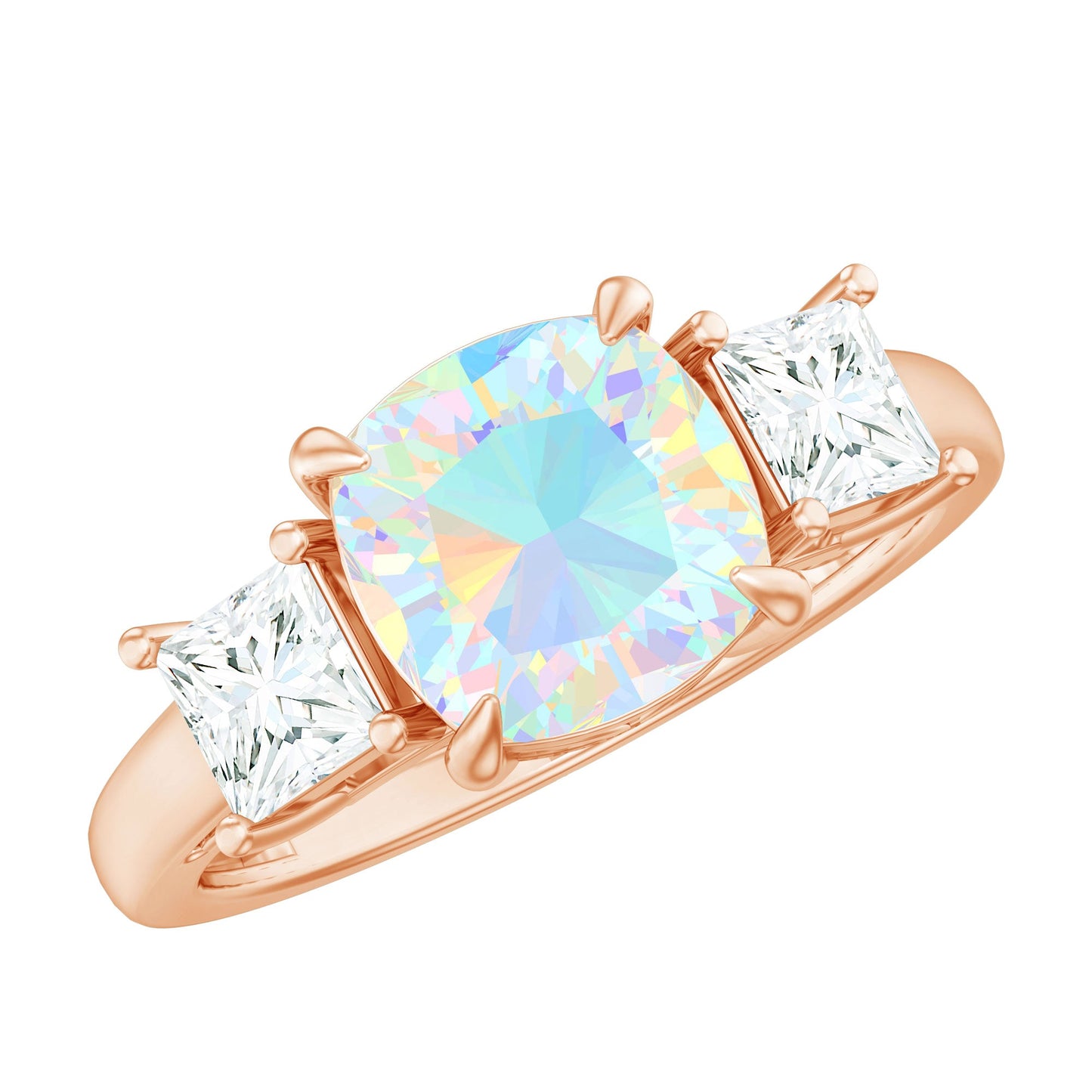 Genuine Cushion Cut Ethiopian Opal 3 Stone Engagement Ring with Moissanite