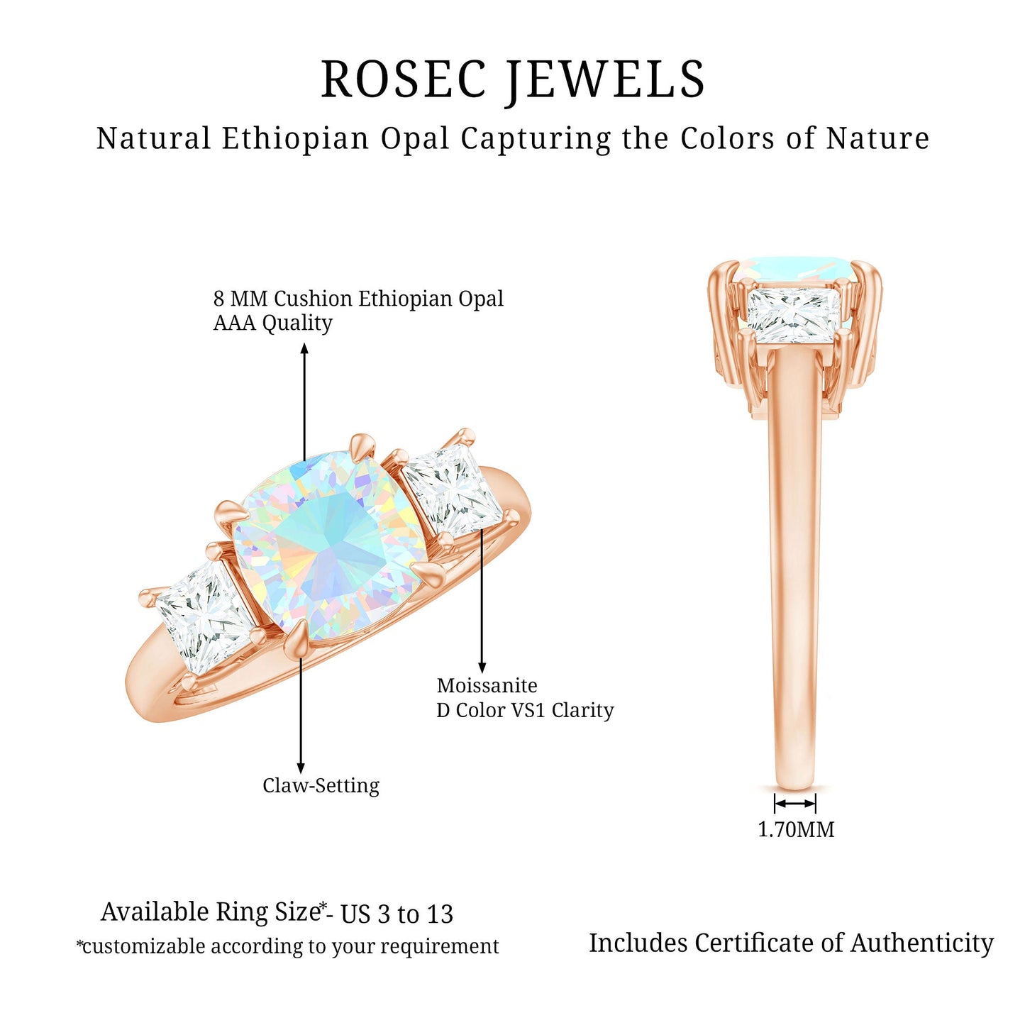 Genuine Cushion Cut Ethiopian Opal 3 Stone Engagement Ring with Moissanite