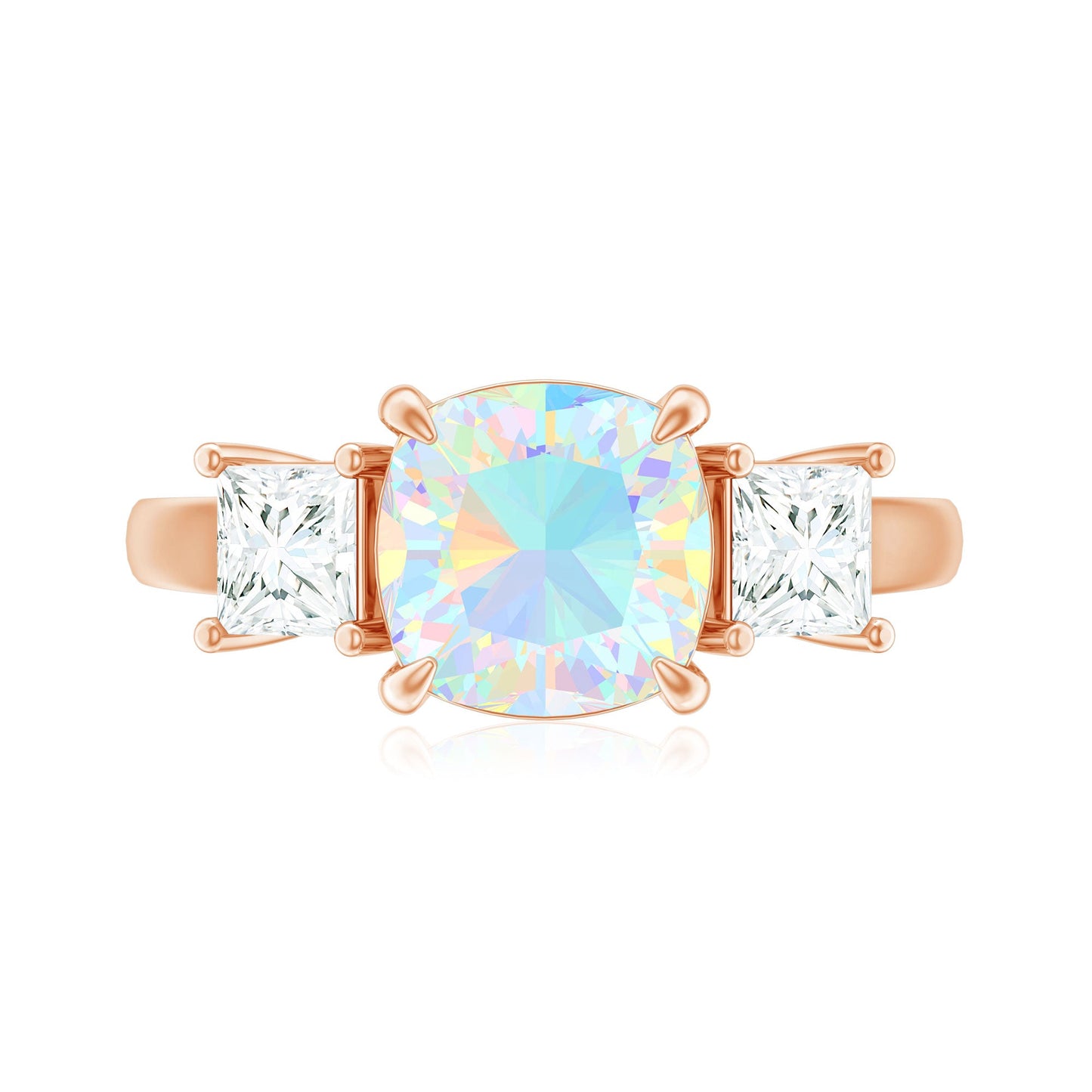 Genuine Cushion Cut Ethiopian Opal 3 Stone Engagement Ring with Moissanite