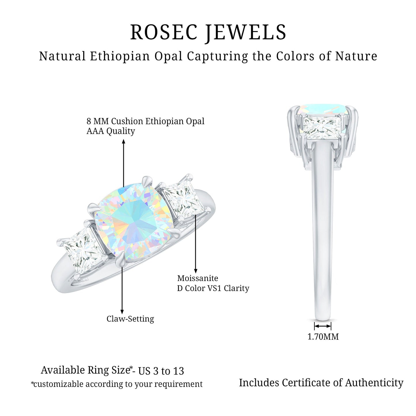 Genuine Cushion Cut Ethiopian Opal 3 Stone Engagement Ring with Moissanite