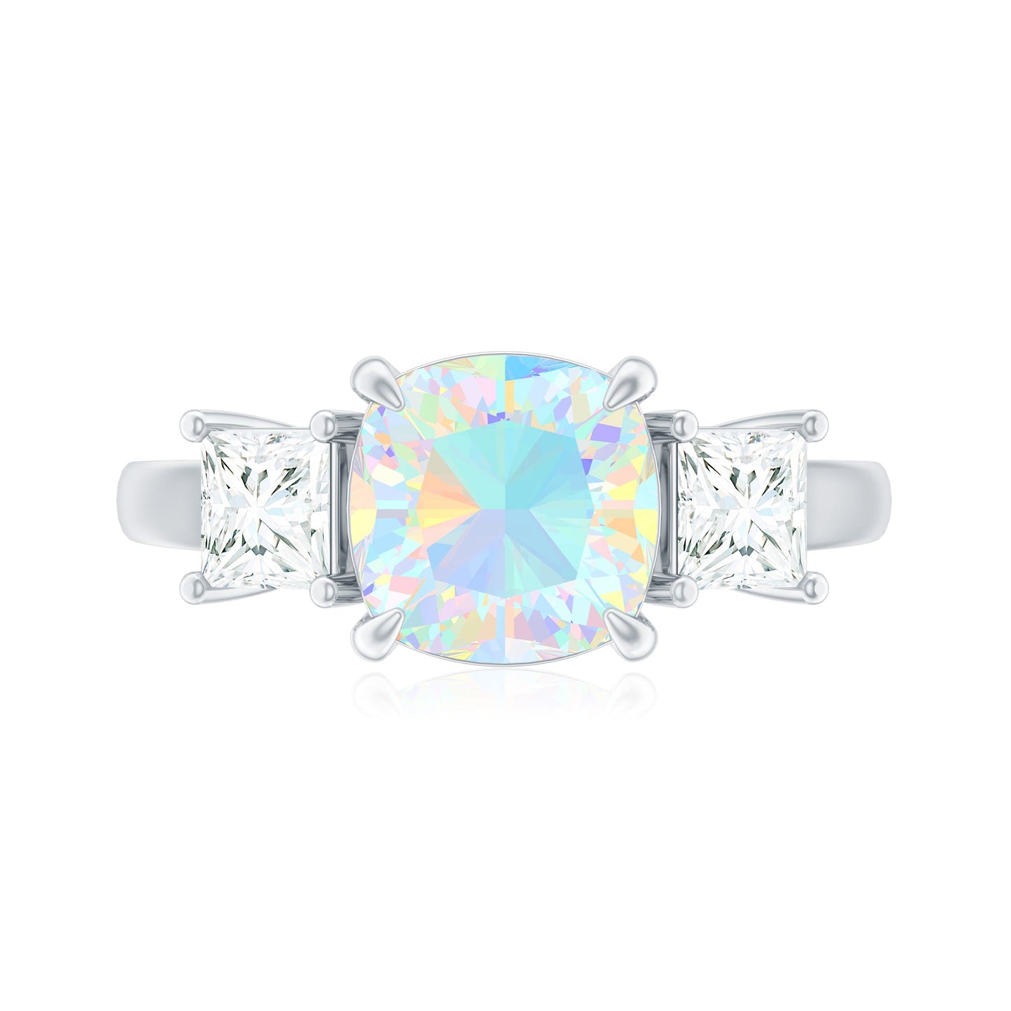 Genuine Cushion Cut Ethiopian Opal 3 Stone Engagement Ring with Moissanite