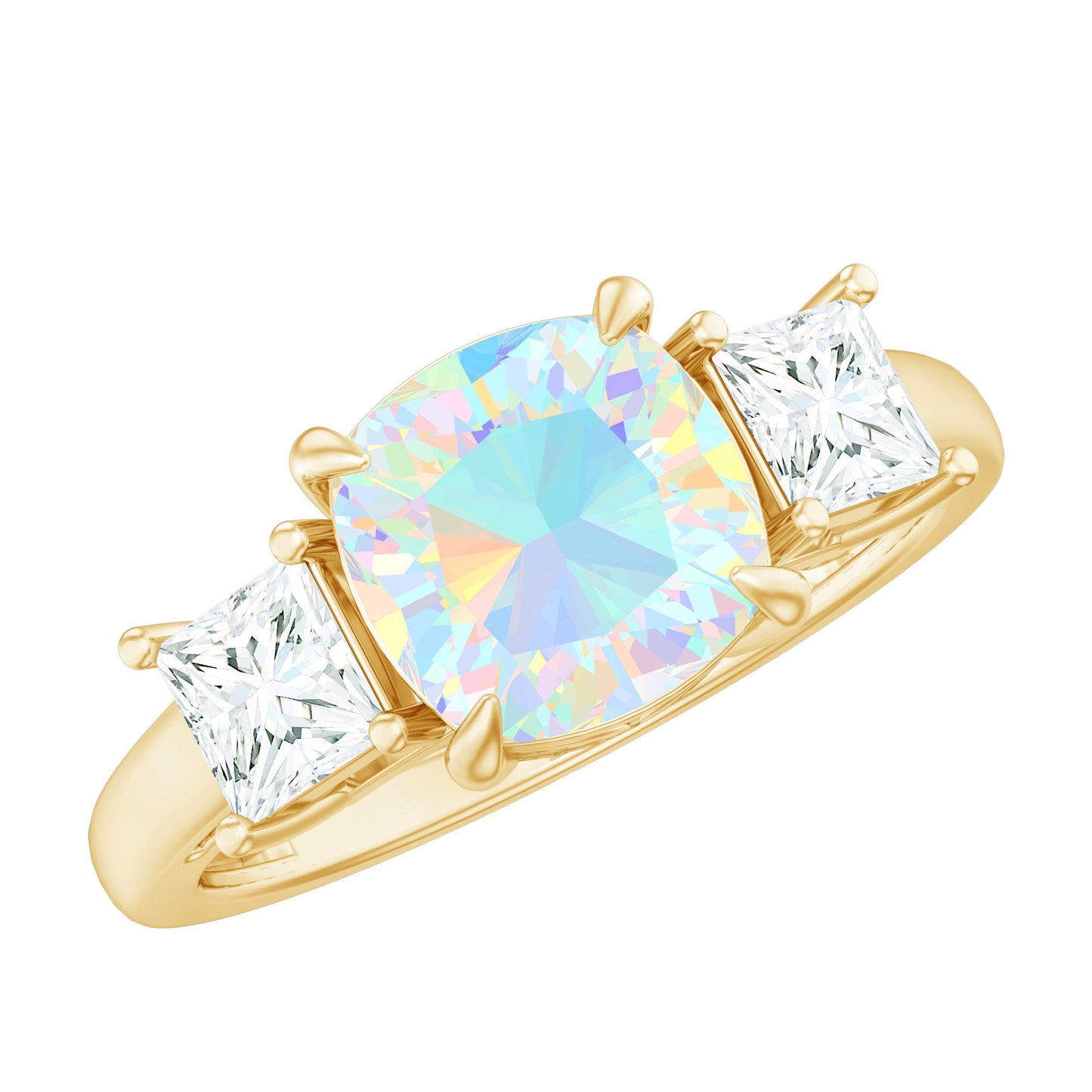 Genuine Cushion Cut Ethiopian Opal 3 Stone Engagement Ring with Moissanite