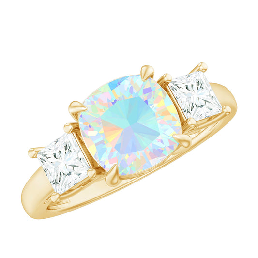 Genuine Cushion Cut Ethiopian Opal 3 Stone Engagement Ring with Moissanite