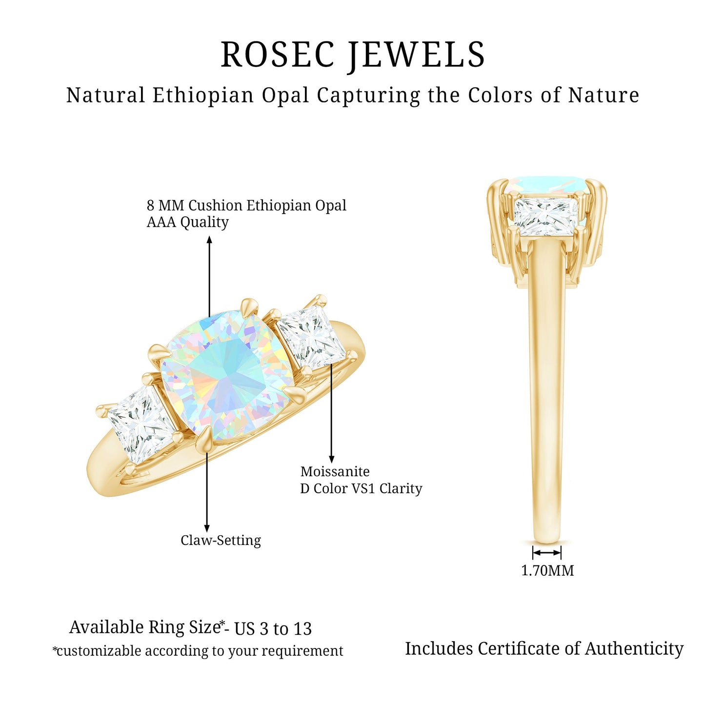 Genuine Cushion Cut Ethiopian Opal 3 Stone Engagement Ring with Moissanite