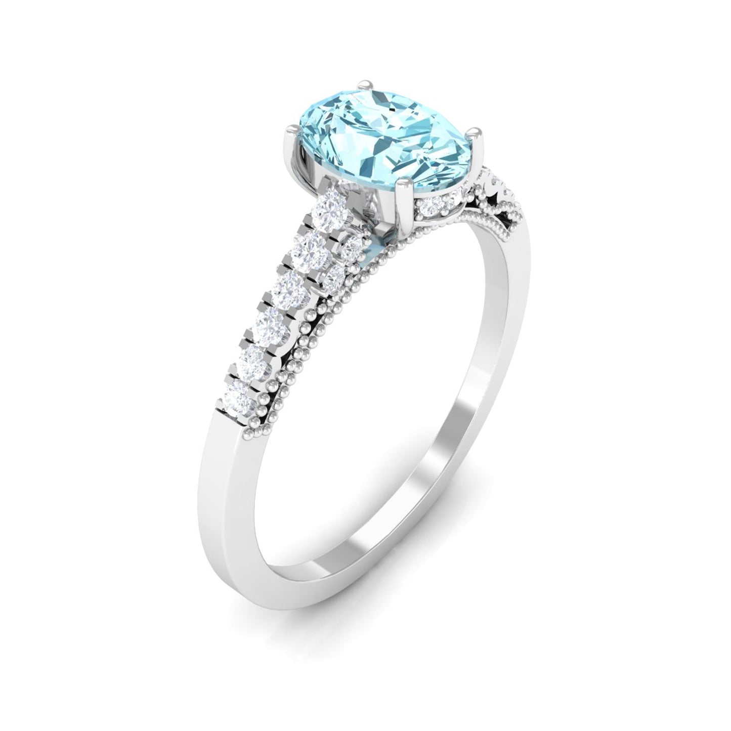 1 CT Oval Aquamarine Solitaire Engagement Ring with Diamond Side Stones