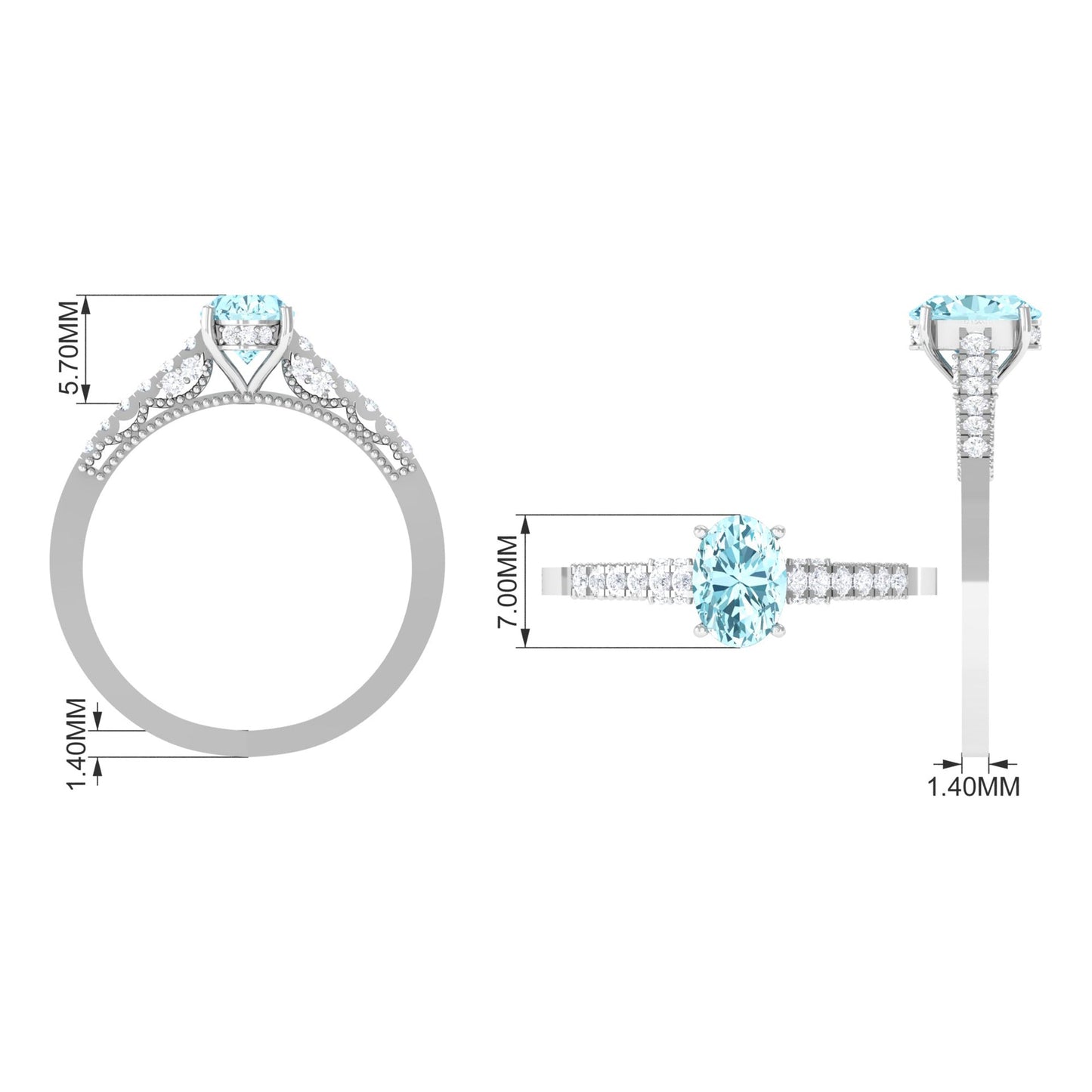 1 CT Oval Aquamarine Solitaire Engagement Ring with Diamond Side Stones