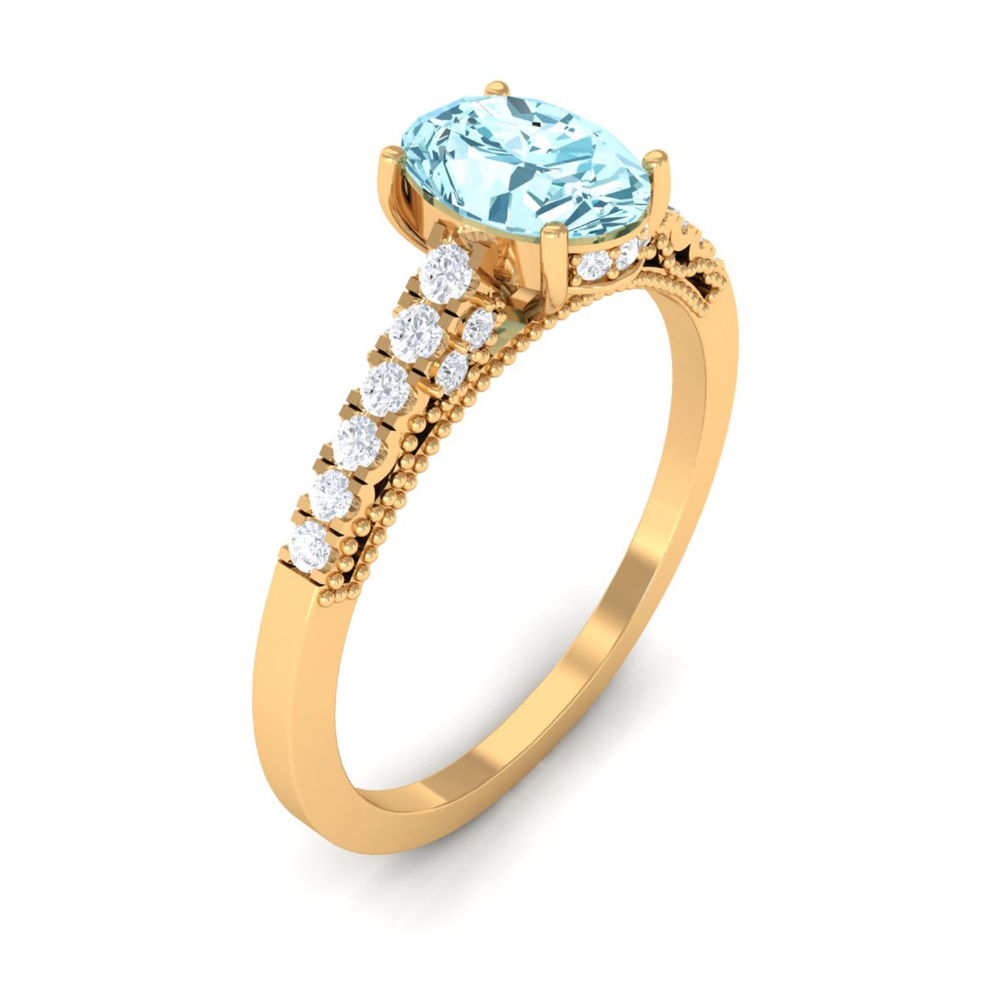 1 CT Oval Aquamarine Solitaire Engagement Ring with Diamond Side Stones