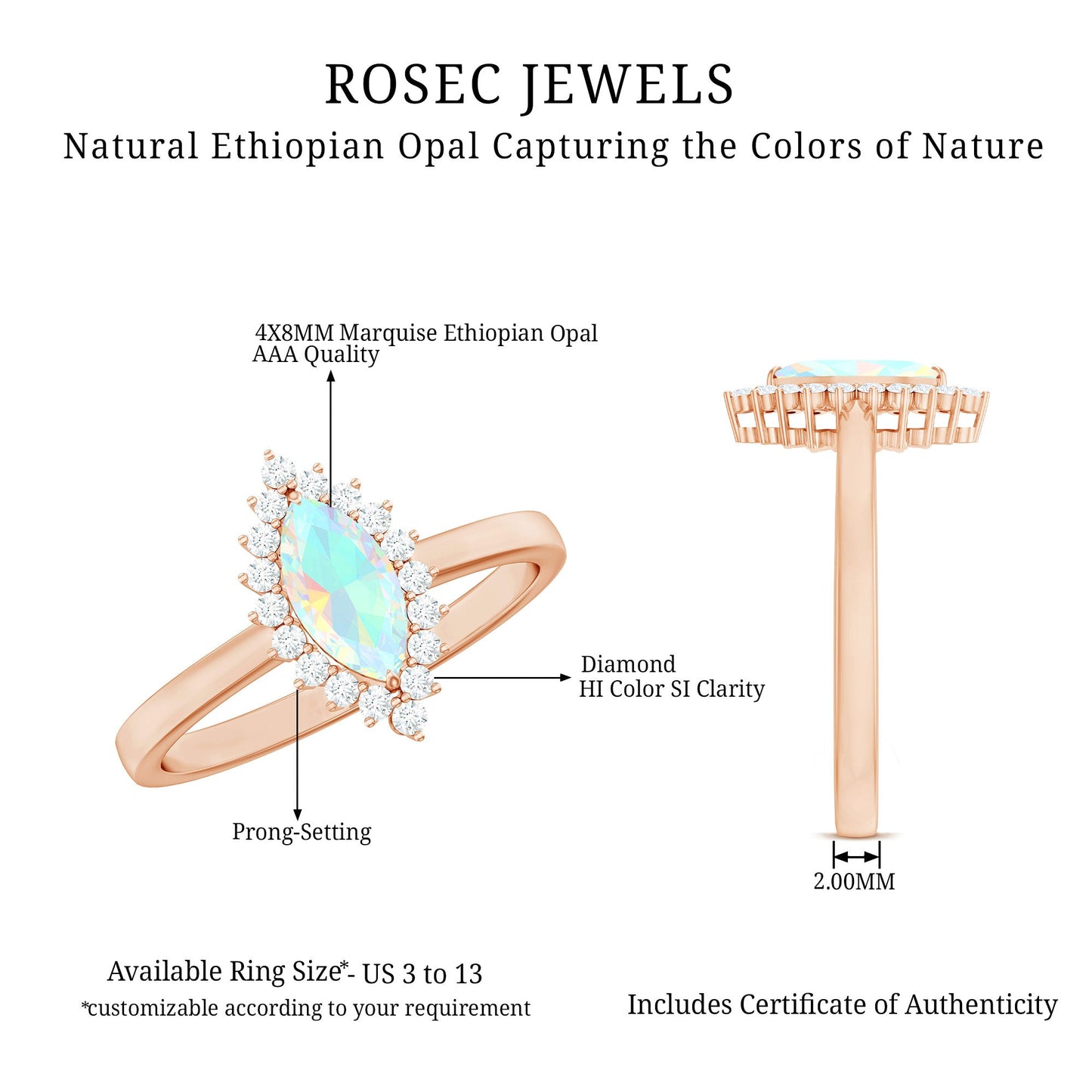 Ethiopian Opal 4x8mm Marquise Cut Engagement Ring with Diamond Halo