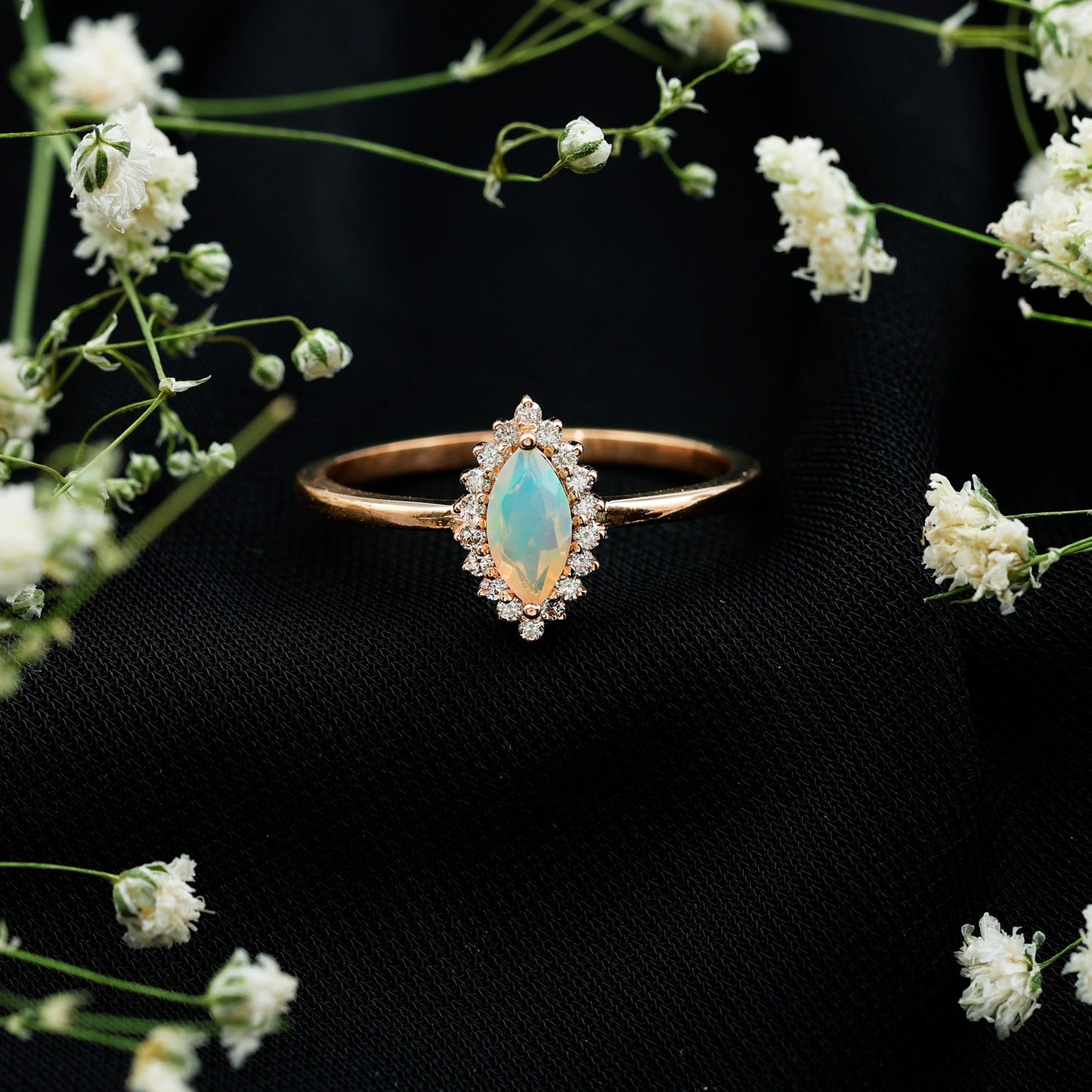 Ethiopian Opal 4x8mm Marquise Cut Engagement Ring with Diamond Halo